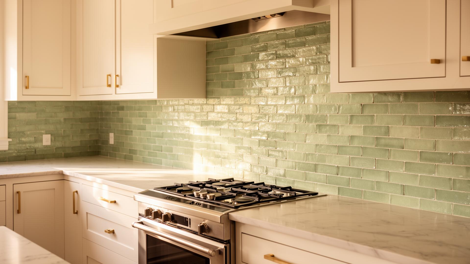 Modern kitchen with sage green tile backsplash
